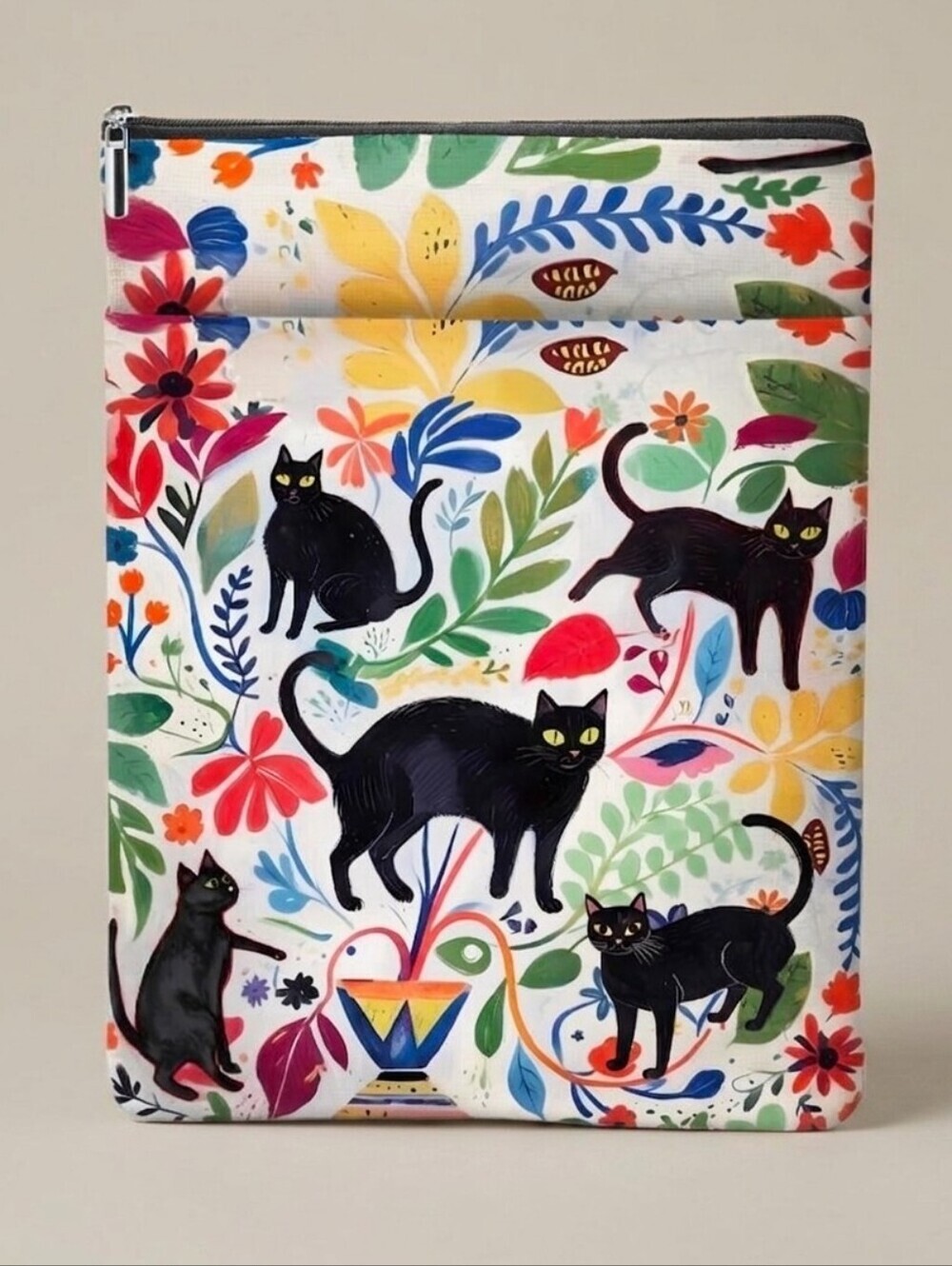 Black Cat Floral Canvas Zippered Pouch  Tablet Case Book Sleeve Cover NWT Gift